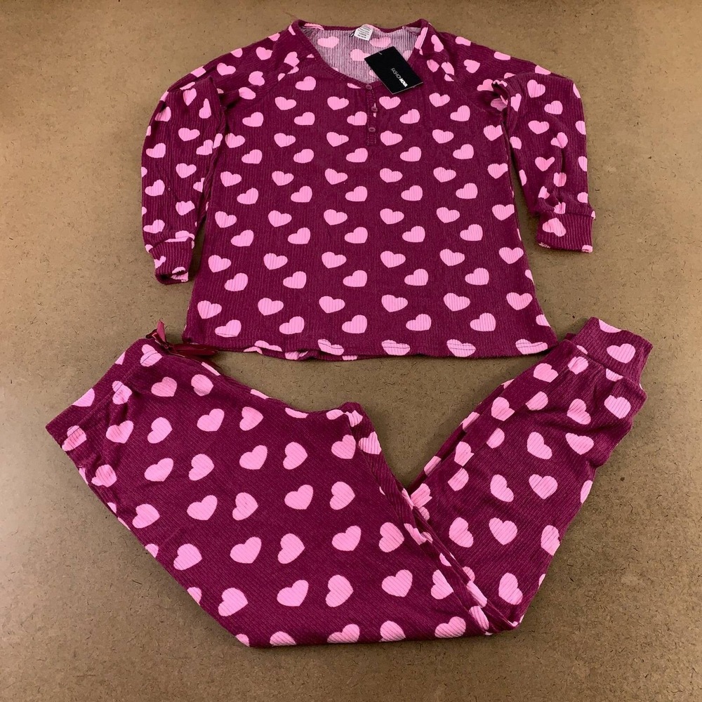 Fashion Nova Womens Pajama Set Maroon Pink Hearts Scoop Neck Long Sleeve L New